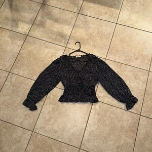 Life Vintage OG Black Blue Pink Dots V Neck Long Sleeve Blouse Shirt